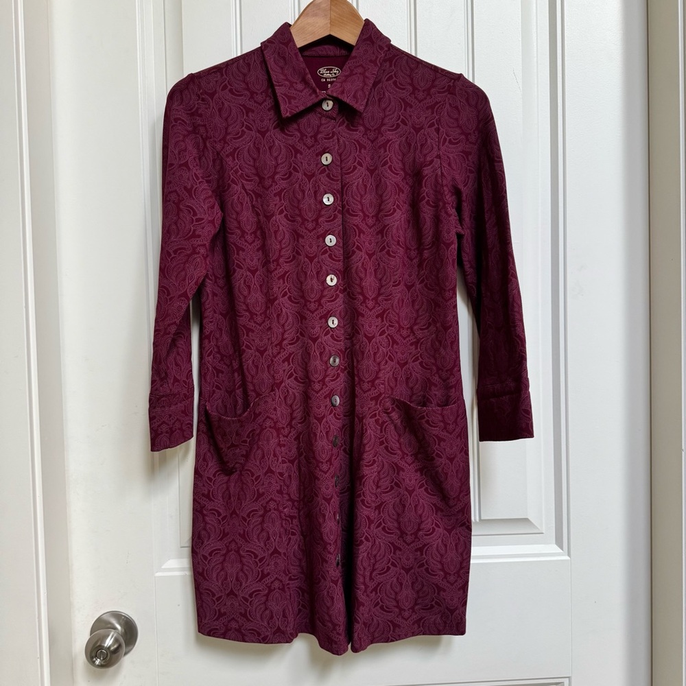 Blue Sky Maroon Paisley Bamboo Floral Print Button Up Mini Dress/Tunic. Size S